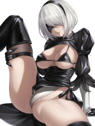 1girls android black_blindfold black_hairband blindfold breasts cameltoe cleavage female female_only gloves highleg_leotard highres kuronerinka large_breasts leotard mole_under_mouth nier:_automata nier_(series) short_hair sitting solo thighhighs thighs white_background white_hair yorha_2b