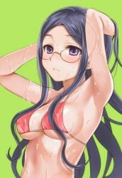 bikini bikini_bottom bikini_top blue_hair breasts danganronpa danganronpa_v3 female_only glasses large_breasts nipple_bulge seiru_(prairie) shirogane_tsumugi smooth_skin wet_skin