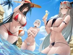 2022 3girls aegir_(azur_lane) azur_lane beach bikini bikini_malfunction black_bikini black_hair blue_eyes blush breast_curtains covering_breasts embarrassed female female_only friedrich_der_grosse_(azur_lane) gold_eyes hair_over_one_eye hi_res hips holding_object horns large_hat larger_bmx long_hair looking_at_viewer naughty_face outdoors red_bikini short_hair slim_waist smile sun_hat sunglasses sunglasses_on_head thick_thighs thighs tirpitz_(azur_lane) topless topless_female wardrobe_malfunction water wet white_bikini white_hair wide_hips