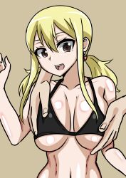 1boy 1girls belly_button big_breasts bikini bikini_top black_bikini black_swimsuit blonde_hair breast_grab breast_squeeze breasts brown_eyes busty cleavage disembodied_hands ear_piercing earrings fairy_tail female female_focus fondling fondling_breast furioso grope groping groping_breasts hand_on_breast inner_sideboob large_breasts light-skinned_female light-skinned_male light_skin looking_at_viewer lucy_heartfilia male male/female micro_bikini open_mouth pale-skinned_female pale-skinned_male pale_skin sideboob smile smiling straight swimsuit tied_hair twintails underboob voluptuous