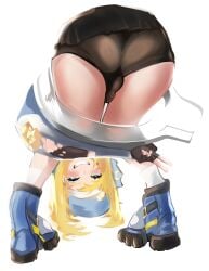 1boy ass ass_focus backsack balls blonde_hair blue_eyes bridget bridget_grin bulge dxj femboy guilty_gear guilty_gear_strive penis_bulge shorts skirt smile solo solo_male spandex_shorts testicles