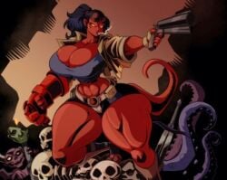 1girls breasts dark_horse female genderbent gun hellboy hellboy_(series) hellgirl jaeh red_skin rule_63 skull