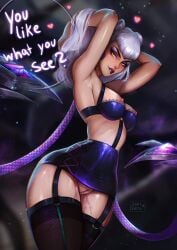 1girls areolae arms_behind_head biting_lip breasts charm dialogue english_text evelynn eyes_mostly_closed female female_only garter_straps hi_res k/da_all_out_evelynn k/da_all_out_series k/da_series league_of_legends long_hair looking_at_viewer microskirt my_kinky_queen nipples nipples_outside no_panties no_panties_under_skirt orange_eyes pussy pussy_juice pussy_peek red_lipstick riot_games skirt smiling smiling_at_viewer solo solo_female speech_bubble stockings succubus talking_to_viewer uncensored voluptuous wet_pussy white_hair