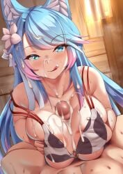 1boy 1girls 2022 animal_ears blue_eyes blue_hair blush breasts censored censored_penis cum cum_between_breasts cum_on_body cum_on_breasts female huge_breasts huge_cock indie_virtual_youtuber light-skinned_female looking_at_viewer male motion_blur paizuri penis pov silvervale smile tip_peeking virtual_youtuber vshojo wolf_ears wolf_girl yua_respati