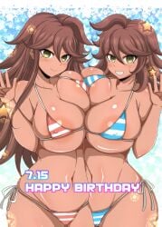 afuro bikini bikini_bottom bikini_top breasts danganronpa danganronpa_2:_goodbye_despair large_breasts multiple_girls owari_akane pressing_breasts_together skimpy_bikini smooth_skin straight_hair super_danganronpa_2 tanned tanned_female tanned_skin visible_nipples