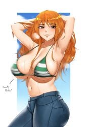 1girls 2022 armpits arms_up breasts female female_only hips huge_breasts jeans kevbot light-skinned_female light_skin long_hair nami one_piece orange_hair post-timeskip shounen_jump solo steam steaming_body sweat thick_thighs thighs wide_hips