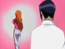 1boy 1boy1girl 1girls 2d animated animated_png bleach bouncing bouncing_breasts bra breasts busty female female_focus inoue_orihime large_breasts lifted_by_self long_hair official_art official_copyright orange_hair pants pierrot_(company) pink_shirt screencap shirt shirt_lift sweatpants taking_clothes_off underwear undressing uryu_ishida