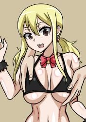 1boy 1girls belly_button big_breasts bikini bikini_top black_bikini black_swimsuit blonde_hair bracelet breast_grab breast_squeeze breasts brown_eyes busty cleavage collar disembodied_hands fairy_tail female female_focus fondling fondling_breast furioso grope groping groping_breasts hand_on_breast inner_sideboob large_breasts light-skinned_female light-skinned_male light_skin looking_at_viewer lucy_heartfilia male male/female micro_bikini open_mouth pale-skinned_female pale-skinned_male pale_skin sideboob smile smiling straight swimsuit tied_hair twintails underboob voluptuous