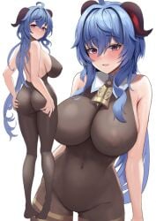 1girls ass ass_grab bangs bare_back bare_shoulders big_breasts blue_hair blush bodysuit breasts busty covered_erect_nipples fat_ass female from_behind ganyu_(genshin_impact) genshin_impact horns huge_ass large_breasts looking_at_viewer multiple_views navel nipples onedoo purple_eyes skin_tight skindentation smile thick_thighs thighs turning_head white_background