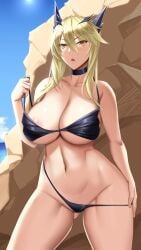 1girls 2022 akitsuki_karasu artoria_pendragon artoria_pendragon_(lancer_alter) beach bikini blonde_hair breasts fate/grand_order fate_(series) female female_only hips huge_breasts light-skinned_female light_skin long_hair outdoors slim_waist thick_thighs thighs tied_hair wide_hips yellow_eyes