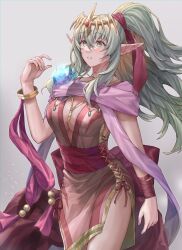 1girls absurdres adapted_costume alternate_costume bangs bare_thighs bracelet breasts cleavage commentary_request cowboy_shot crown dragonstone dress female female_only fire_emblem fire_emblem:_mystery_of_the_emblem fire_emblem:_shadow_dragon_and_the_blade_of_light fire_emblem_awakening fire_emblem_heroes green_eyes green_hair grey_background hair_between_eyes hair_ribbon hartman_hips highres jewelry large_breasts long_hair nintendo official_alternate_costume parted_lips pink_dress pink_ribbon pink_scarf ponytail ribbon scarf short_dress simple_background sobasakuhin solo standing thighs tiki_(adult)_(fated_divinity)_(fire_emblem) tiki_(adult)_(fire_emblem) tiki_(fire_emblem) tiki_(young)_(fire_emblem) tiki_(young)_(fire_emblem)_(cosplay) video_game video_game_character video_games wrist_ribbon