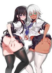 2girls absurd_res asanagi ass bangs black_hair black_thighhighs blonde_female blush breasts curvy dark-skinned_female dark_skin deep_skin dress green_eyes grey_hair highres holding_hands huge_thighs large_filesize looking_at_viewer measurements miniskirt mole mole_on_ass mole_on_stomach mole_on_thigh mole_under_eye mole_under_mouth multiple_girls original plump purple_eyes sailor_collar sailor_dress school_uniform seductive_smile simple_background skindentation skirt smile smirk tan thick_thighs thigh_grab thigh_squish thighhighs thighs thunder_thighs upskirt white_hair