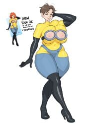 brown_eyes brown_hair chubby_female female leather_boots leather_gloves light-skinned_female meme meme_attire milf minion minions_(film) mother sara_(zigzaglewds) sexy_minion_outfit short_hair smile squished_breasts thick_ass thick_female thick_thighs zigzaglewds