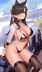 1girls 2022 animal_ears atago_(azur_lane) atago_(stunning_speedster)_(azur_lane) azur_lane beauty_mark bikini breasts brown_eyes brown_hair car cleavage female female_only hips huge_breasts light-skinned_female light_skin long_hair looking_at_viewer mole_under_eye outdoors pantheon_eve race_queen slim_waist smile thick_thighs thighhighs thighs wide_hips