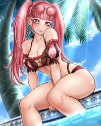 1girls alternate_costume bangs bare_legs bikini breasts female female_only fire_emblem fire_emblem:_three_houses fire_emblem_heroes grin hilda_valentine_goneril hilda_valentine_goneril_(summer) kalesklok large_breasts legs long_hair looking_at_viewer nail_polish nintendo official_alternate_costume outdoors palm_tree pink_bikini pink_eyes pink_hair pink_nails pink_swimsuit pool poolside sitting smile solo swimming_pool swimsuit tree twintails water