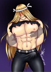 1boy akisky-san_(artist) bara blond_hair blonde_male blush blushing bulge bulge_through_clothing cartoon_network covered_eyes dexter's_laboratory drawfag drawthread_request hands_on_breasts long_hair male male_nipples male_only nipple_play pecs pulled_up_shirt ripped_clothing touching_nipples translucent_hand val_hallen valhallen waist_length_hair yaoi