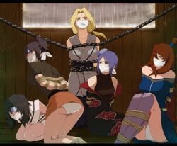 5girls annria2002 arms_behind_back ass black_hair blonde_hair blue_hair bondage bound bound_arms bound_legs chains cloth_gag female female_only gag gagged headband improvised_gag konan kurenai_yuhi mei_terumi mitarashi_anko multiple_girls naruto naruto_(series) naruto_shippuden panties red_hair source_request terumi_mei tsunade underwear white_panties yuuhi_kurenai