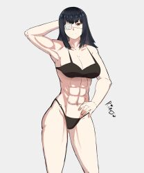 1girls absurdres bikini black_hair eyepatch jormungand long_hair looking_at_viewer mogire muscular muscular_arms muscular_female muscular_legs muscular_thighs simple_background sofia_valmer solo solo_female solo_focus yellow_eyes