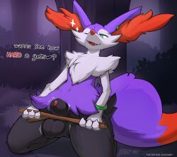 1boy 2022 anthro balls bodily_fluids braixen detailed_background ear_piercing english_text femboy fur generation_6_pokemon genital_fluids genitals green_eyes hi_res kneeling male male_braixen male_only nintendo penis piercing pokémon_(species) pokemon pokemon_(species) precum purple_body purple_fur shiny_pokemon solo solo_male ssssnowy text video_games vulcan_(ssssnowy) wink