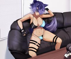 1girls animal_ears animal_tail bikini blue_eyes blue_hair cameltoe casting_couch cleavage female female_focus female_only fingerless_gloves indie_virtual_youtuber large_breasts looking_at_viewer short_hair sitting snuffy string_bikini sweat tanline therrao thick_thighs virtual_youtuber