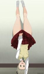 blonde_hair green_eyes handstand holding_clothing legs lycoris_challenge lycoris_recoil maka_albarn schoolgirl skirt soul_eater thighs uniform