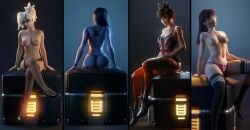 3d 4girls ass blizzard_entertainment breasts d.va flirting game hair lingerie long_hair lootbox mercy overwatch panties posing pussy short_hair sitting stockings thighs tracer underwear vgerotica wallpaper widowmaker