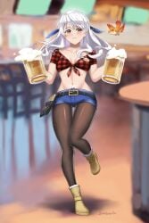 alcohol alternate_costume artist_name ass_visible_through_thighs bangs bar bar_stool beer beer_mug belt bird black_pantyhose blurry blurry_background blush boots breasts brown_footwear burnt_green_tea character_name checkered_clothes checkered_shirt collarbone cropped_shirt cup denim denim_shorts drinking_glass female female_only fire_emblem fire_emblem:_radiant_dawn front-tie_top full_body grey_hair grin groin half_updo highres holding holding_cup leg_up long_hair looking_at_viewer lowleg lowleg_shorts medium_breasts micaiah_(fire_emblem) midriff mug navel nintendo notepad pantyhose pencil plaid plaid_shirt shirt short_shorts short_sleeves shorts signature smile solo sparkle stool tied_shirt twin_peaks_(restaurant) yellow_eyes yune_(fire_emblem)