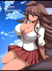 afuro breasts cleavage danganronpa danganronpa_2:_goodbye_despair large_breasts nipple_bulge no_bra owari_akane shirt smooth_skin super_danganronpa_2 tanned tanned_female tanned_skin