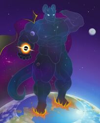 abs anthro biceps black_hole cape clothing darkai destruction dragon glowing glowing_eyes hi_res holding_object horn interplanetary_macro macro male muscular muscular_anthro muscular_male muscular_thighs pecs planet planet_destruction solo terra_macro translucent translucent_body universe vein