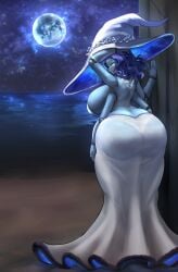 1girls 4_arms ass ass_bigger_than_head ass_in_dress bare_shoulders beach big_ass big_breasts big_butt big_hat blue_body blue_eyes blue_hair blue_skin breasts butt cleavage clothed clothing dress elden_ring enormous_ass female female_only fromsoftware full_moon gipehtyboon hat huge_ass huge_breasts large_ass large_breasts looking_at_viewer looking_back moon multi_arm multi_limb night open_mouth panties ranni_the_witch see-through see-through_clothing short_hair solo solo_female thick_thighs transparent_clothing voluptuous wide_hips witch_hat yboon