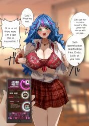 1girls big_breasts blue_hair bra bra_visible_through_clothes brainwashed brainwashing breasts busty close_rim_open curvaceous curvy curvy_body curvy_female english_text female female_focus green_eyes gyaru huge_breasts hypnosis large_breasts long_hair mind_control original original_character school_uniform schoolgirl schoolgirl_uniform smartphone text voluptuous