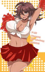 afuro bouncing_breasts breasts cheerleader cheerleader_uniform cleavage cowboy_shot danganronpa danganronpa_2:_goodbye_despair eyebrows eyebrows_visible_through_hair hair_between_eyes holding_pom_poms huge_breasts miniskirt owari_akane pom_poms red_miniskirt red_skirt shirt skirt straight_hair super_danganronpa_2 sweat sweaty_breasts tanned tanned_female tanned_skin thighs thin_eyebrows tied_shirt white_shirt