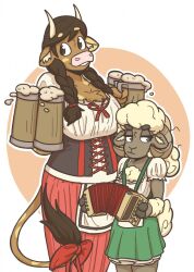 2girls anthro barmaid big_breasts bovid bovine bow_in_hair braided_hair breast_size_difference breasts caprine dirndl duo female female_only fur furry furry_only larger_female mary_(slightlysimian) molly_(slightlysimian) oktoberfest sheep simple_background size_difference slightlysimian small_breasts smaller_female tail tavern_wench