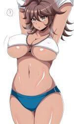 afuro bra breasts danganronpa danganronpa_2:_goodbye_despair eyebrows eyebrows_visible_through_hair hair hair_between_eyes huge_breasts owari_akane straight_hair super_danganronpa_2 sweat sweaty_breasts tanned tanned_female tanned_skin thin_eyebrows undressing