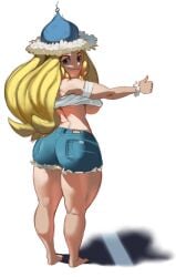 1girls ass big_ass blonde_hair bubble_ass bubble_butt capy_diem clothing crop_top daisy_dukes dat_ass fat_ass female female_only hat helena_handbasket_(rayman) hitchhiking huge_ass looking_at_viewer looking_back nymph_(rayman) rayman_(series) shorts smile solo thick_ass thick_thighs ubisoft underboob wide_hips