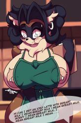 anthro apron apron_only ass big_breasts big_butt blush breasts brown brown_body brown_fur clothing curvaceous curvy_figure ear_piercing female fur hi_res iced_latte_with_breast_milk mammal meme mostly_nude nipple_piercing nipples piercing procyonid raccoon solo sumi_(wingman) sumi_(wingmandraws) voluptuous wide_hips wingmandraw