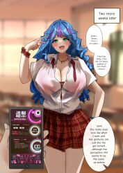 1girls big_breasts blue_hair bra_visible_through_clothes brainwashed brainwashing breasts busty cleavage close_rim_open curvaceous curvy curvy_body curvy_female english_text female female_focus green_eyes gyaru huge_breasts large_breasts long_hair original original_character school_uniform schoolgirl schoolgirl_uniform smartphone text voluptuous