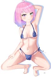 ahoge armpits bikini blue_bikini blush blushing_at_viewer bob_cut bob_hair eyebrows_visible_through_hair gradient_hair green_eyes heterochromia high_resolution highres himemori_luna holoforce hololive hololive_japan light-blue_hair light-skinned_female light_skin no_text pink_eyes pink_hair princess short_hair spread_legs streamer virtual_youtuber vtuber white_background young_woman youtuber