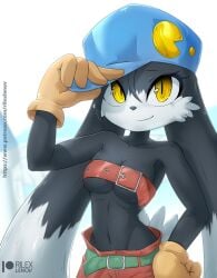 1girls anthro belt black_body covering_breasts furry genderswap_(mtf) gloves hat klonoa klonoa_(series) mtf_transformation pac-man rilex_lenov rule_63 smile smiling_at_viewer yellow_eyes