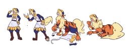 absurd_res after_transformation animal_genitalia animal_penis arcanine blonde_hair blush brown_body brown_fur canine_penis clawed_fingers claws clothed clothing eggbussy erection erection_under_clothing feral fluffy fluffy_tail fur gem generation_1_pokemon genitals hair hat headgear headwear hi_res human human_faced_feral humanoid humanoid_pointy_ears knot male male_focus mammal nintendo orange_body orange_fur pained_expression paws penis pokemon pokemon_(species) pokemon_legends:_arceus red_penis sharp_teeth solo teeth torn_clothing transformation transformation_mechanism transformation_sequence video_games volo_(pokemon) yellow_body yellow_fur