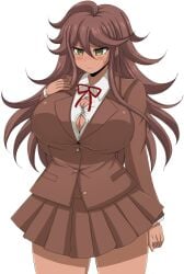 afuro barely_contained blush breasts bursting_breasts button_gap danganronpa danganronpa_2:_goodbye_despair embarrassed large_breasts owari_akane school_uniform smooth_skin super_danganronpa_2 tanned tanned_female tanned_skin wardrobe_malfunction