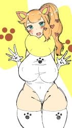 big_breasts blush breasts cosplay cyan_eyes doors_drop game_freak hair_ornament heart_hair_ornament huge_breasts large_breasts leotard nintendo open_mouth orange_hair pokemon pokemon_(cosplay) pokemon_ss pussy pussy_visible_through_clothes solo solo_female sonia_(pokemon) wanpachi_(cosplay) yamper_(cosplay)