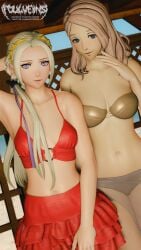 2girls 3d alternate_hairstyle arm_behind_head armpits bare_shoulders bare_thighs beach bikini bikini_skirt blue_eyes breasts brown_bikini brown_hair brown_swimsuit collarbone edelgard_von_hresvelg female female_only fire_emblem fire_emblem:_three_houses fire_emblem_warriors:_three_hopes foulveins hair_over_shoulder indoors looking_at_viewer medium_breasts medium_hair mercedes_von_martritz multiple_girls nintendo official_alternate_hairstyle ponytail purple_eyes red_bikini red_swimsuit sarong see-through shoulders small_breasts smile swimsuit thighs white_hair