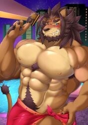 abs absurd_res anthro armpit_hair barong_(tokyo_afterschool_summoners) beard blush body_hair bottomwear brown_body brown_hair bulge chest_tuft city city_background clawed_fingers clothed clothing eyebrows facial_hair felid genital_outline hair handpaw happy_trail hi_res holding_card inviting_to_sex lifewonders lion loincloth male male_only mammal mane markings muscular_arms night nipples no_underwear pantherine paws pecs penis_outline poolside pubes sideburns solo star swimming_pool thick_eyebrows tokyo_afterschool_summoners toranoyouhei tuft video_games