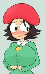 adeleine aged_up beret black_hair breasts clothing embarrassed female female_only holding_breasts_up huge_breasts kirby_(series) shirt stretched_clothing vile_eyes