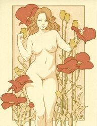 1girls areolae art_nouveau artistic_nude breasts brown_eyes brown_hair flower light-skinned_female light_skin navel nipples nude poppy_(flower) solo theinsaneum thorn three-quarter_portrait