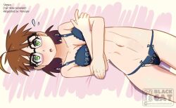 1girls 2d blue_bra blue_panties blush bra brown_hair collarbone embarrassed fullmetal_alchemist fullmetal_alchemist_brotherhood glasses green_eyes looking_at_viewer panties sheska solo underwear