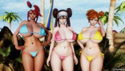 3d 3girls adapted_costume alternate_breast_size armpits asymmetrical_hair bare_legs black_hair blush breasts brown_hair censor_bar censored corruption cowboy_shot female female_only game_freak gloves green_eyes gym_leader highred huge_breasts kasumi_(pokemon) large_breasts legs long_hair multiple_girls navel nintendo open_mouth pokemon pokemon_(game) pokemon_bw2 ponytail red_hair rosa_(pokemon) short_black_hair short_hair side_ponytail simple_background skyla_(pokemon) smile swimsuit thick_thighs thighs tied_hair vagina wide_hips