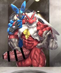 abs biceps blaziken censored censored_penis cum_on_mirror excessive_cum furry gay hyper hyper_balls hyper_genitalia hyper_penis hyper_testicles kurogonart kuroma lucario male male_focus male_only mirror muscle muscles muscular muscular_arms muscular_ass muscular_back muscular_legs muscular_male muscular_thighs nipples pecs pokemon pokemon_(species) selfie veins veiny_penis