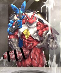 abs biceps blaziken censored censored_penis cum_on_mirror excessive_cum furry gay hyper hyper_balls hyper_genitalia hyper_penis hyper_testicles kurogonart kuroma lucario male male_focus male_only mirror muscle muscles muscular muscular_arms muscular_ass muscular_back muscular_legs muscular_male muscular_thighs nipples pecs pokemon pokemon_(species) selfie veins veiny_penis